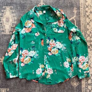 Old Navy Sheet Green Floral Button-Front Shirt Small